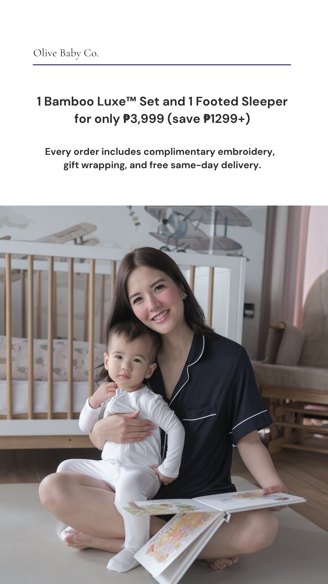 1 Bamboo Luxe™ Set and 1 Footed Sleeper for only ₱3,999 Olive Baby Co.